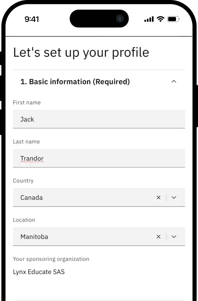 Profile setup form with name, country and sponsoring organization fields