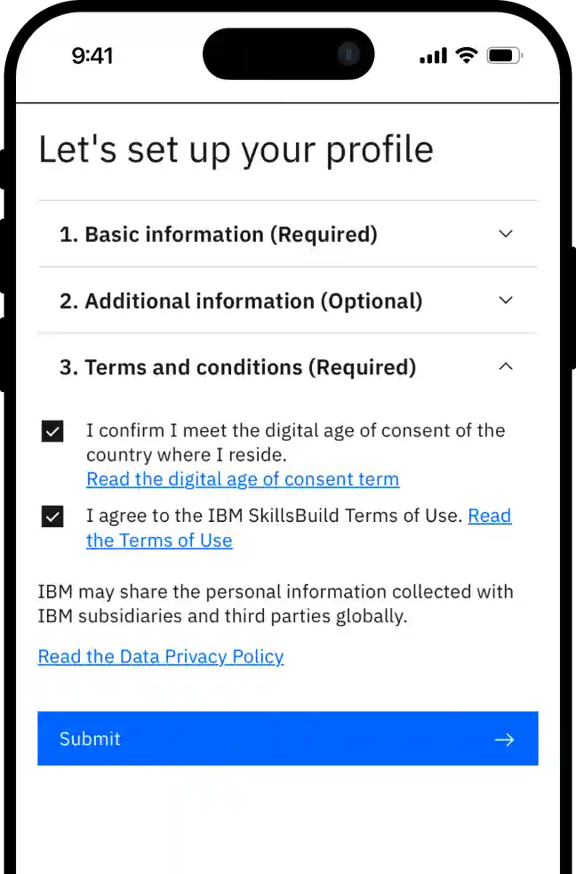 Terms and conditions acceptance page with checkboxes and submit button