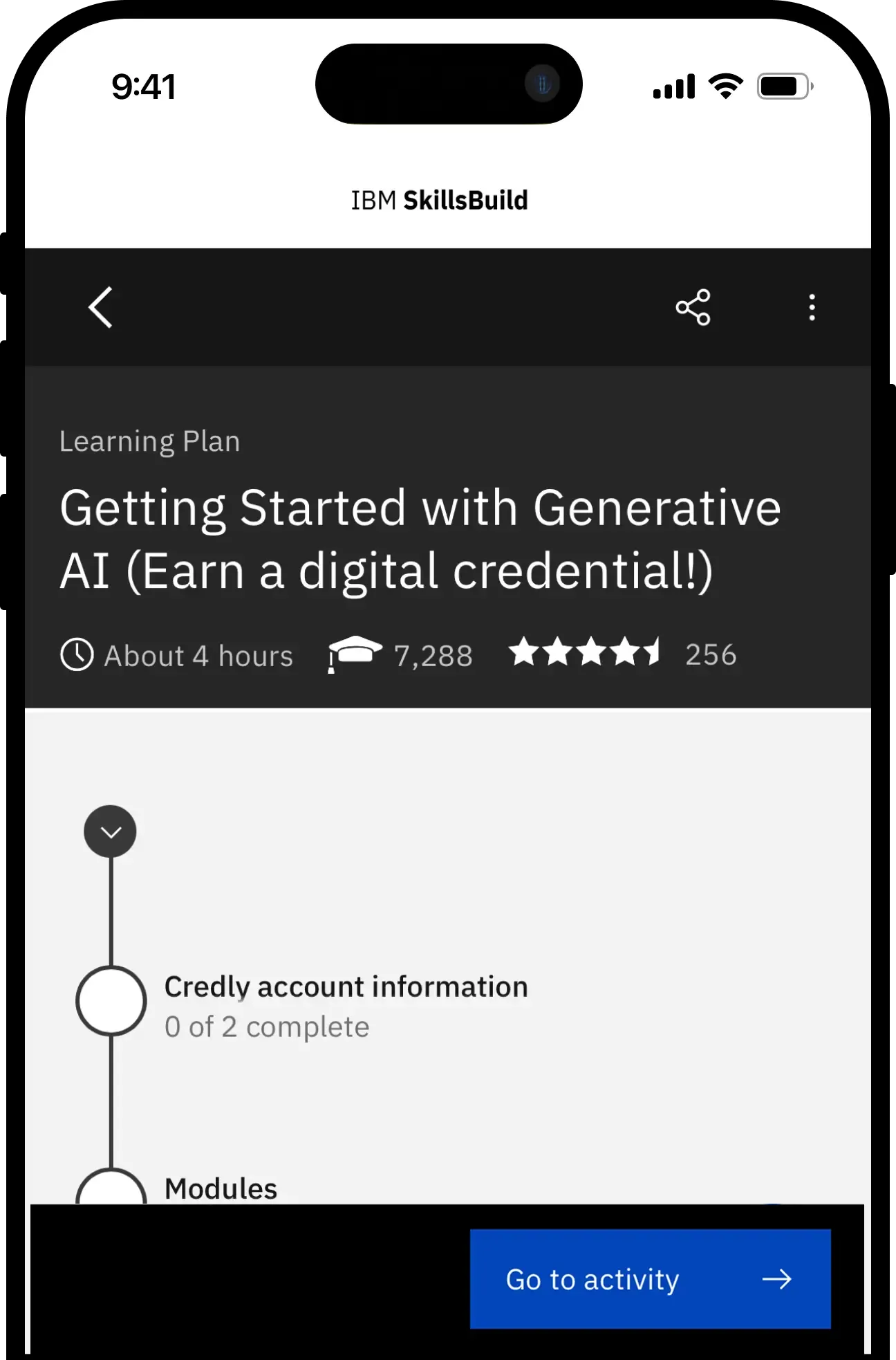 Getting Started with Generative AI course page on IBM SkillsBuild with Go to activity button